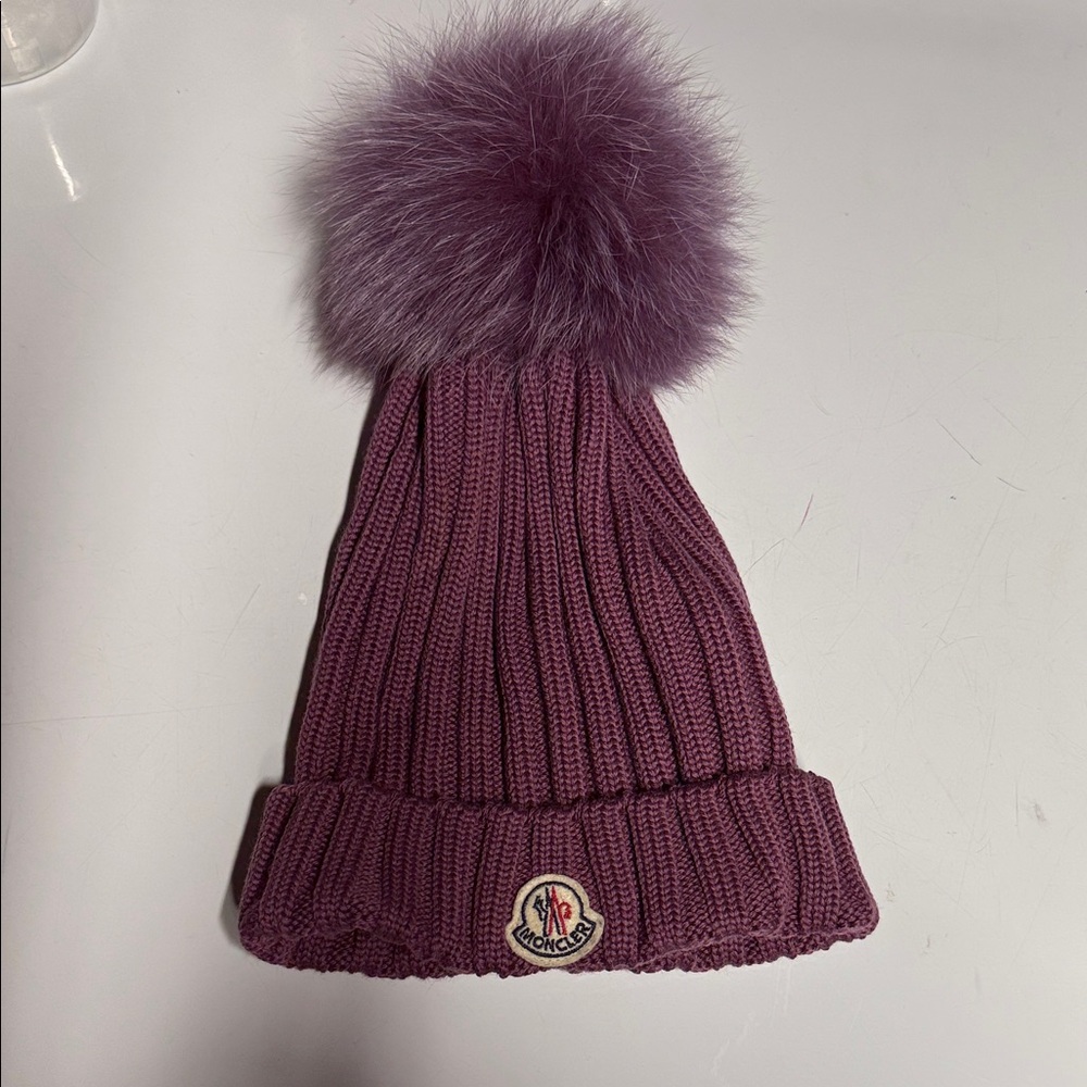 Moncler Women's Ribbed Beanie with Fur Pom in Mauve